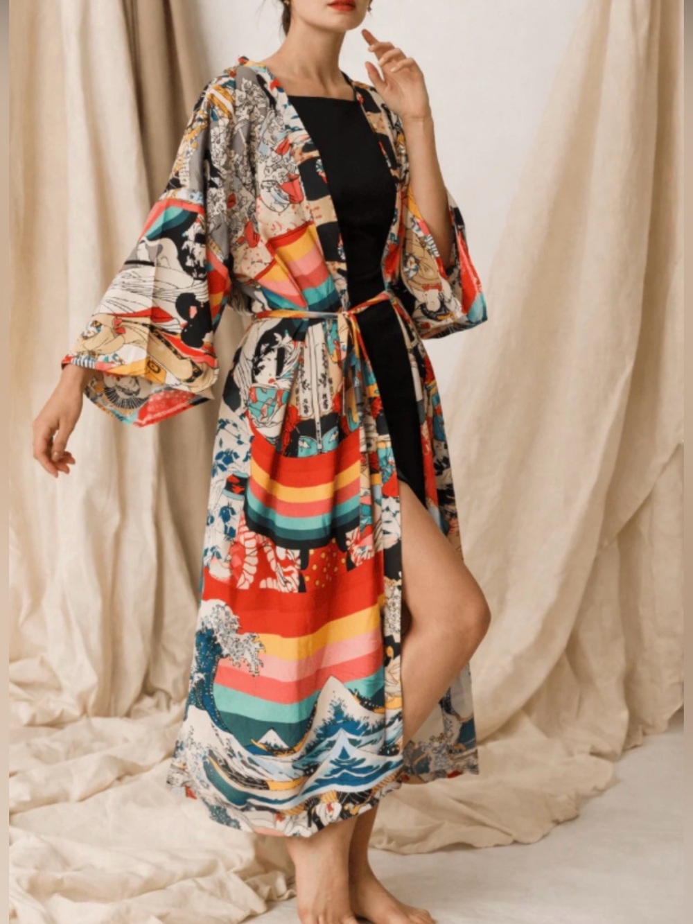 Japanese Art Print Tie waist Kimono Robe Beach Coverup Duster Boho OS
